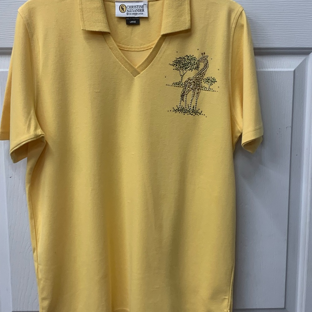 NWT Christine Alexander Yellow Polo Shirt giraffe Palm Tree